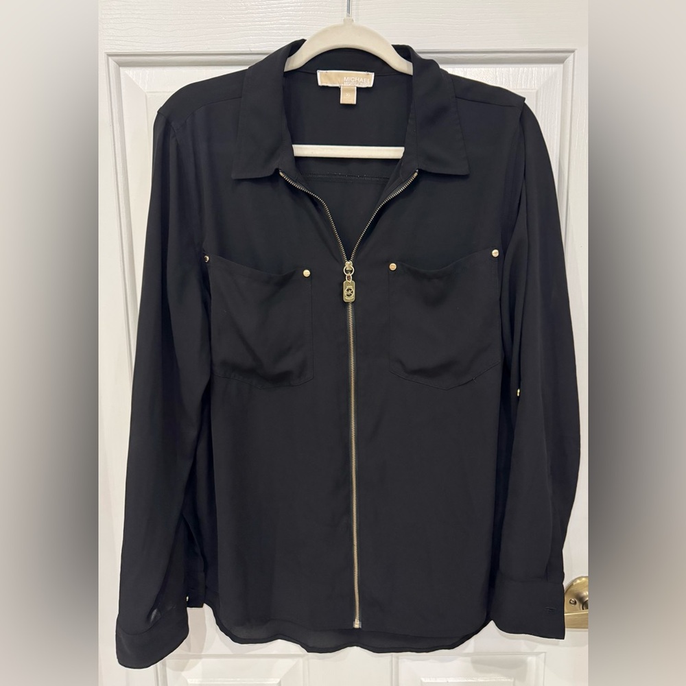Michael Kors Women's Long Sleeve Blouse, Full Zip, Black, Size XL